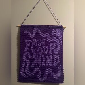 Crocheted Wall Tapestry that says “Free Your Mind” NEW